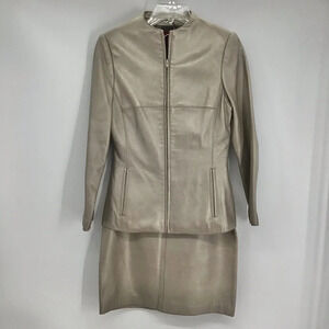Nicola Berti Women’s Two Piece Italian Leather Jacket & Skirt Set Pewter XS/6